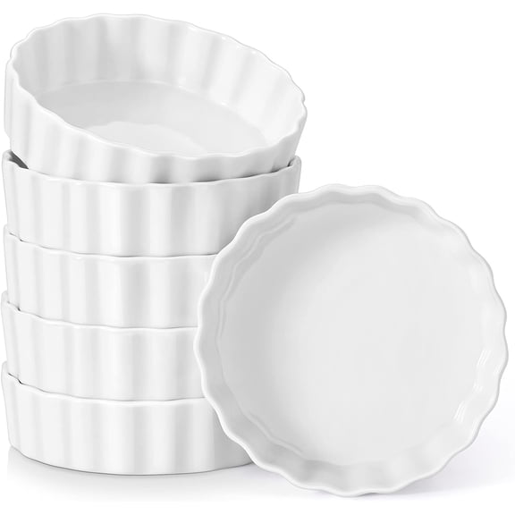 Porcelain Ramekins 8 Oz Oven Safe Set of 6 - Shallow Creme Brulee Dishes for Baking, Souffls, Custards, Fluted Quiche Pans, Chip-Resistant & Stackable, White