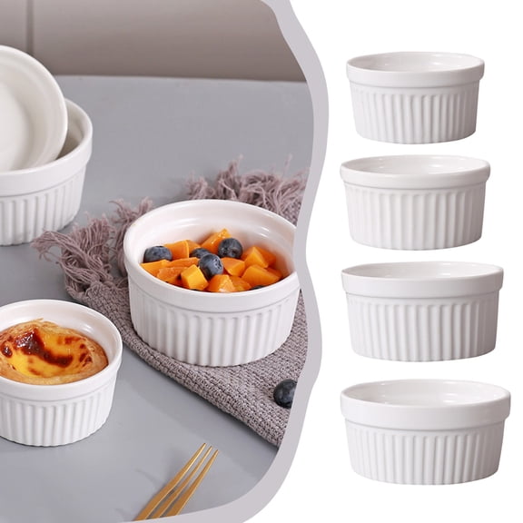 Porcelain Ramekins Souffle Dishes Set of 4 Oven Safe Ceramic Baking Bowls for Custard Pudding Creme Brulee Dessert Cups for Kitchen Baking White White