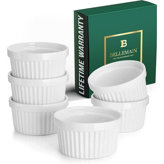Bellemain Set of 6 Creme Brulee Porcelain Ramekins Mini Casserole Bowl Set, White, 4 oz Capacity
