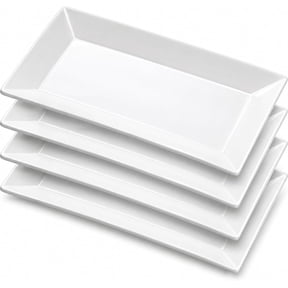 Porcelain Rectangular Dinner Platters, 9.75 Inch Rectangle Serving Plates for Sushi, Snacks, Cake, Meat & Appetizers, Set of 4, Elegant White Design