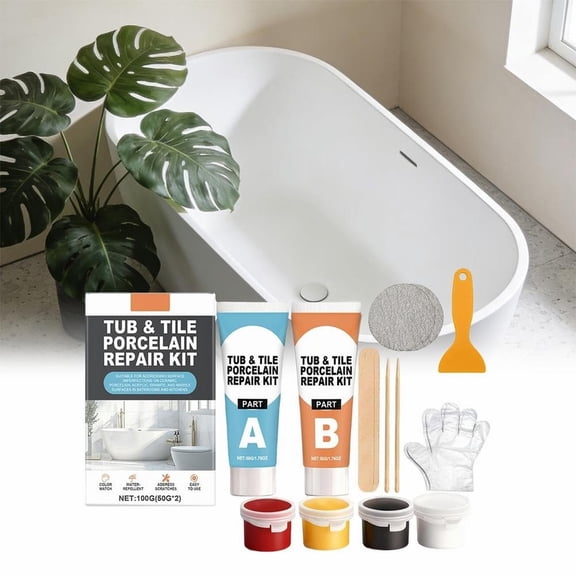 Porcelain Repair Kit, White Bathtub and Tile Repair Epoxy for Chips Cracks, Fix Enamel Fiberglass Acrylic Surfaces, 100G 120Ml with Applicator Tools