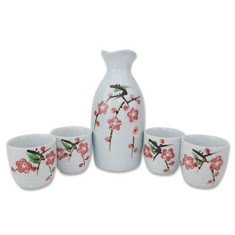 Porcelain Sakura Cherry Flower Sake Set 4 Cups 1 Decanter / Bottle / Carafe F15691