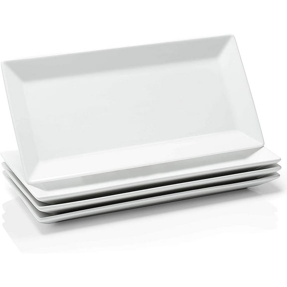 Porcelain Serving Tray, 12 Inch Rectangle Plates for Sushi, Meat, Desserts, Cakes, White Serving Platter for Restaurant, Banquet, Party, Microwave Oven Dishwasher Safe, Stackable, Set of 4
