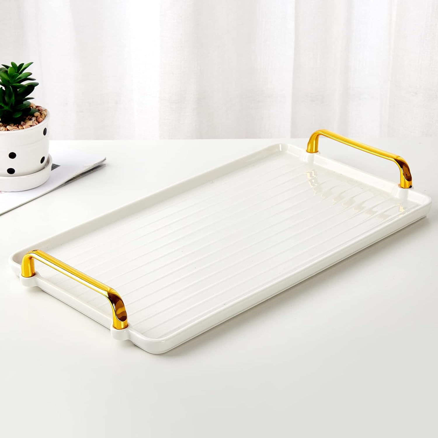 Porcelain Serving Tray with Golden Handles, Modern Nordic Style Coffee ...