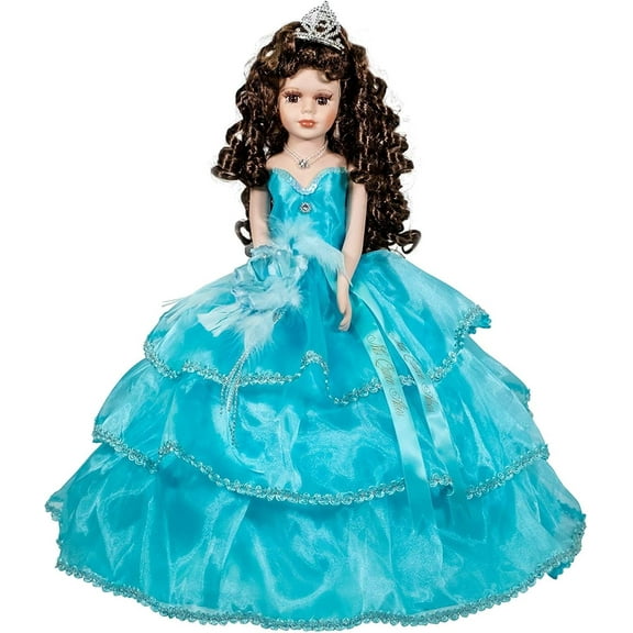 Porcelain Sleeveless Quinceaera Umbrella Doll in Aqua Gown, Centerpiece & Decoration