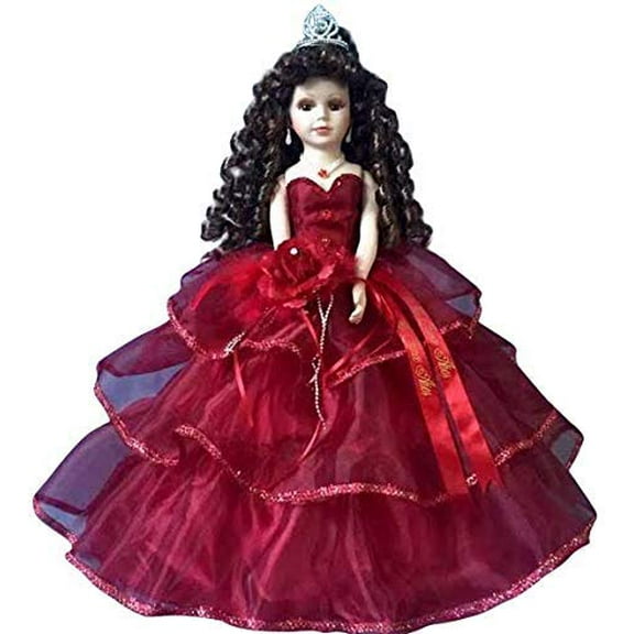 Porcelain Sleeveless Quinceaera Umbrella Doll in Burgundy Gown, Centerpiece & Decoration