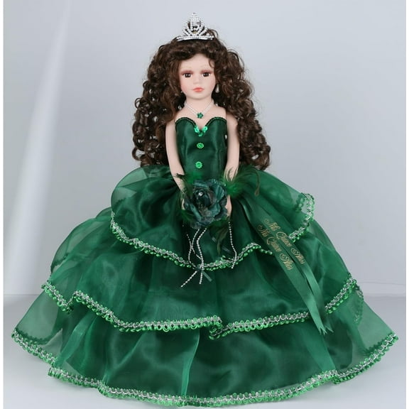 Porcelain Sleeveless Quinceaera Umbrella Doll in Emerald Green Gown, Centerpiece & Decoration