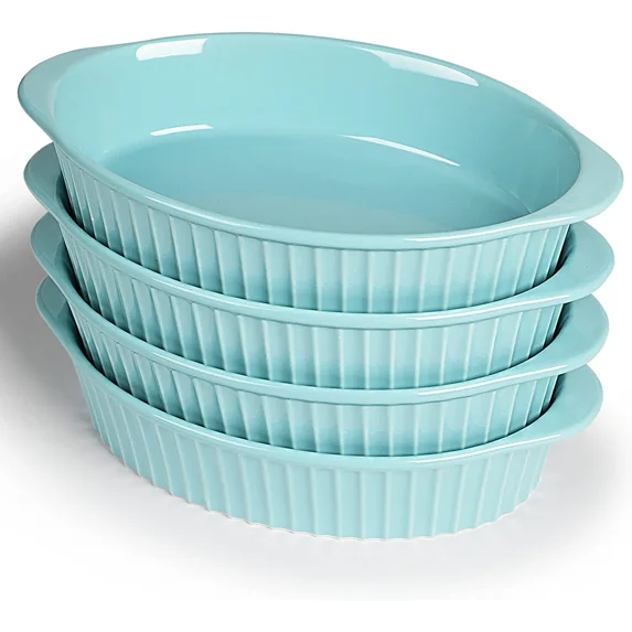Porcelain Small Oval Au Gratin Pans,Set of 4 Baking Dish Set for 1 or 2 person servings, Bakeware with Double Handle for Kitchen and Home (Turquoise)