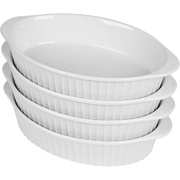 Porcelain Small Oval Au Gratin Pans, Set of 4 Baking Dish for 1 or 2 person servings, Bakeware with Double Handle Kitchen and Home, White