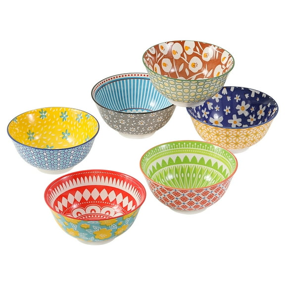 Porcelain Soup Cereal Bowls Set - Ceramic Bowls for Kitchen 23 oz - 6 Colorful Patterned Cute Bowl Sets - 6 Inch Deep Bowls for Oatmeal | Oat | Noodle | Breakfast - Dishwasher and Microwave Safe