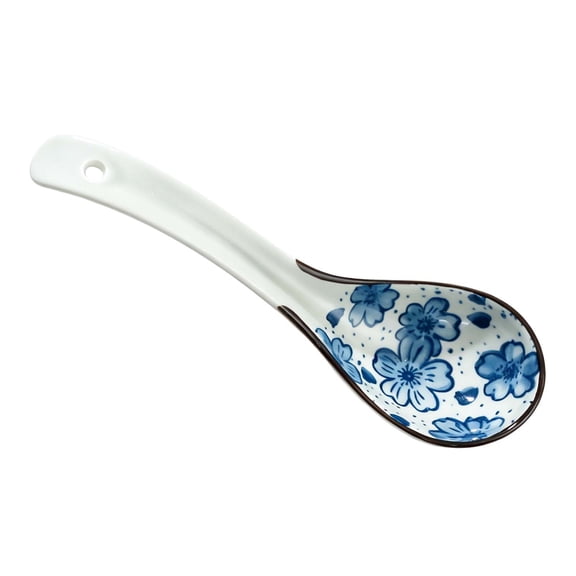 Porcelain Soup Spoon Asian Ramen Spoon with Long Handle for Cereal Rice Dessert and Home Kitchen,Blue1-15.5cm