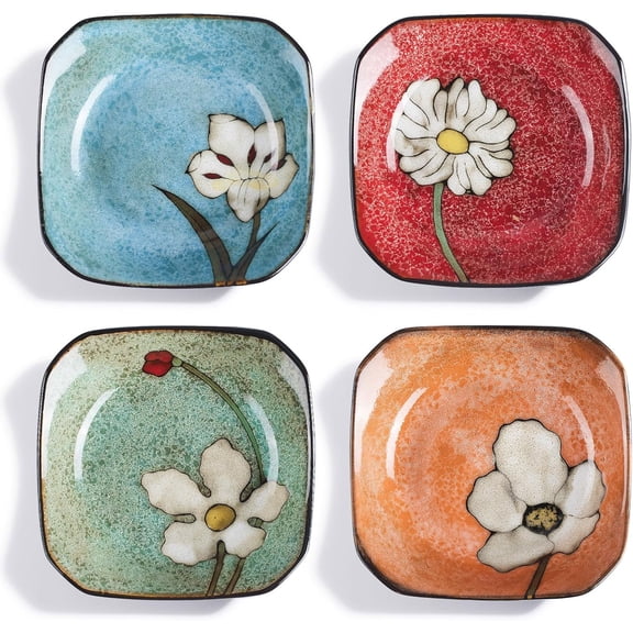 Porcelain Square Dessert Salad Pasta Plates 6.7 inches ceramic plates set of 4 Stackable Dinner Plates for Steak, Pasta, Salad,DessertMicrowave and Dishwasher Safe (4 colors, 6.7 Inch)