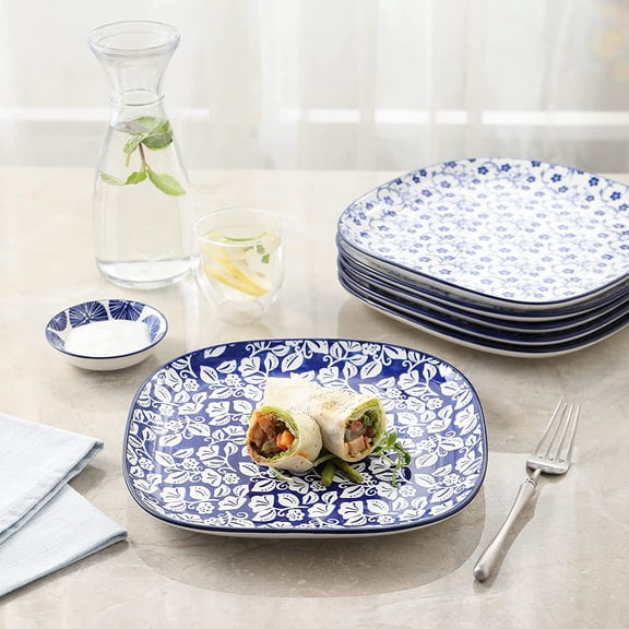 Porcelain Square Dessert Salad Pasta Plates 7.6 inches ceramic plates set of 6 microwave/dishwasher/oven safe, Vintage Blue