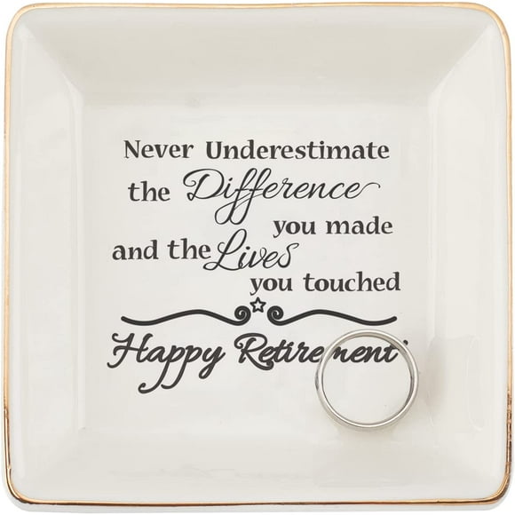 Porcelain Square Trinket Dish Happy Retirement Theme Pattern Ceramic Jewelry Tray 4x4x1inch
