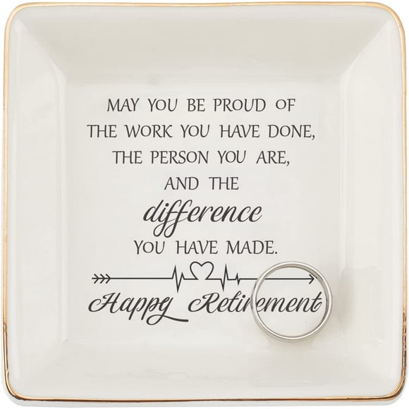 Porcelain Square Trinket Dish Happy Retirement Theme Text Pattern Ceramic Jewelry Tray Ring Holder about 4.1x4.1x1.1inch