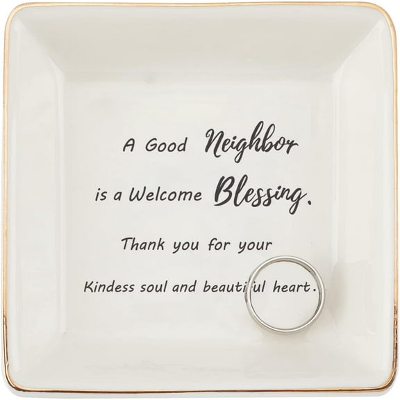 Porcelain Square Trinket Dish Neighborhood Theme Text Pattern Ceramic Jewelry Tray Ring Holder Small Jewelries Plate Gift for Neighbor Home Decor 4x4x1inch