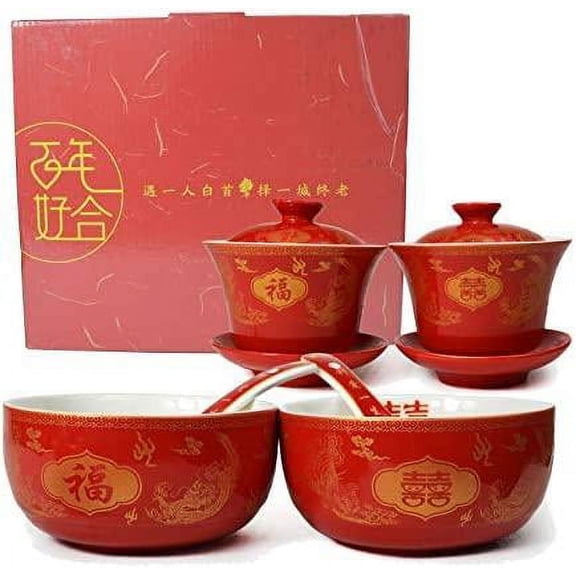 Porcelain Tableware Gift 6/Set Gaiwan Bowl Spoon Chinese Wedding Hollow Paper Cut Pattern Tea Set for Adults Men Women Couple Wedding Party Dragon phoenix
