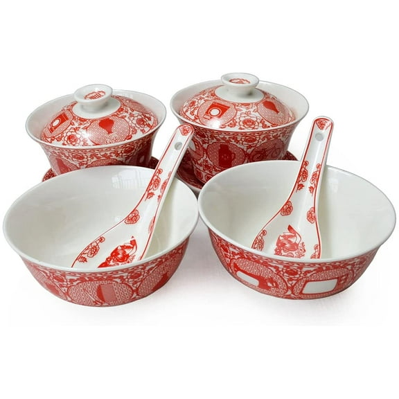 Porcelain Tableware Gift 6/Set Gaiwan Bowl Spoon Chinese Wedding Hollow Paper Cut Pattern Tea Set for Adults Men Women Couple Wedding Party