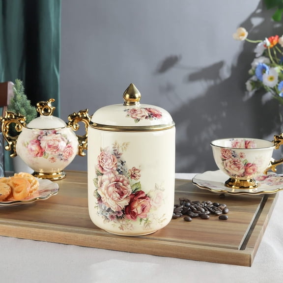 Porcelain Tea Canister, Ceramic Jar, Vintage Gold Floral Countertop Container for Sugar, Tea, Coffee