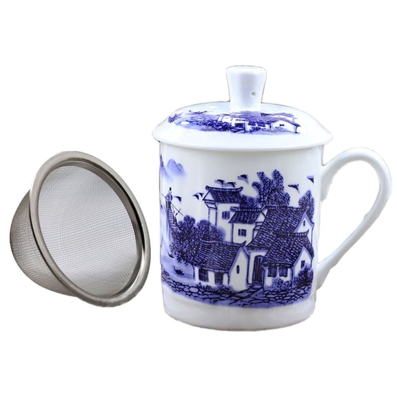 Porcelain Tea Cup/Coffee Mug with Handy Lid,Chinaware Cup with Inner Strainer,Convenient Mug for Home/Office,5+ Optional Elegant Patterns (Blue Village)