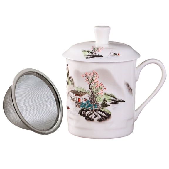 Porcelain Tea Cup/Coffee Mug with Handy Lid,Chinaware Cup with Inner Strainer,Convenient Mug for Home/Office,5+ Optional Elegant Patterns (Hill and River)