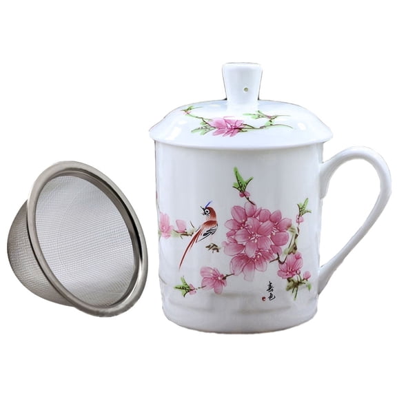 Porcelain Tea Cup/Coffee Mug with Handy Lid,Chinaware Cup with Inner Strainer,Convenient Mug for Home/Office,5+ Optional Elegant Patterns (Peach Blossom)