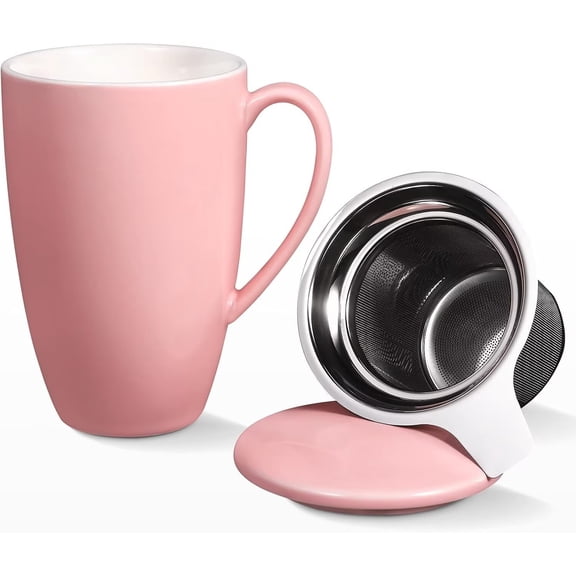 Porcelain Tea Cup with Lid and Infuser, 16 OZ Tea Set with Filter, with Loose Leaf Tea Cup Infuser, Can be Used to Brew Coffee, Milk, Gift for Tea Lovers for Office, Living Room, Studio(Light Pink)