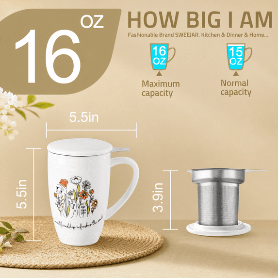 Infusar Porcelain Tea Infuser Mug With Lid 16 Oz Teacup Strainers For Loose ...
