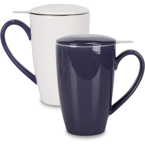 Porcelain Tea Mug with Infuser and Lid, 16 Ounce Ceramic Tea Cup for Loose Leaf, Coffee, Cocoa and Milk, Tea Gift for Tea Lovers, Set of 2(Navy Blue and White)