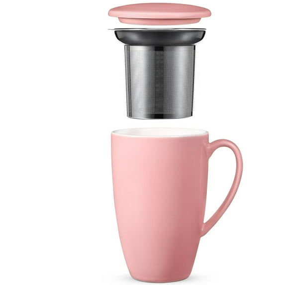 Porcelain Tea Mug, Pink-Porcelain Tea Mug with Infuser and Lid, 16 OZ