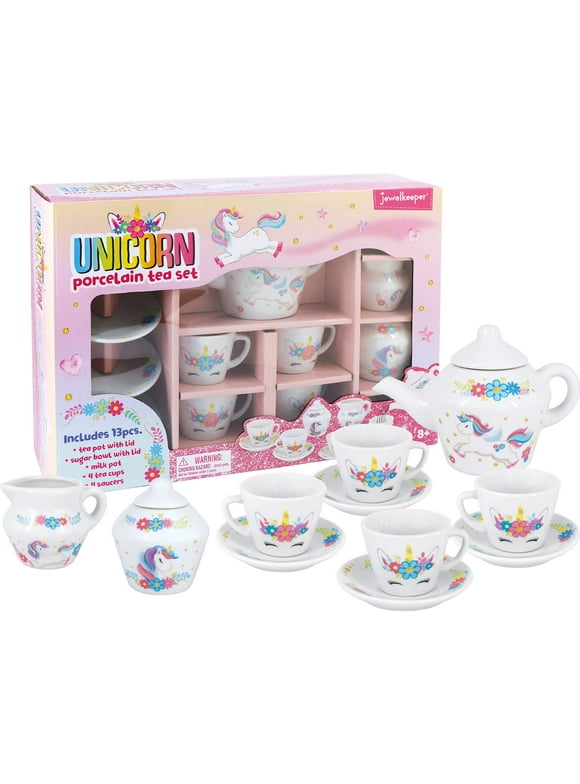 Porcelain Tea Set for Little Girls - Pink Ceramic Tea Cups in a Pink Box - Unicorn Design, 13 Pieces - Ideal Gift for Toddlers and Children's Ages 3 Years Old - Tea Sets for Girls.