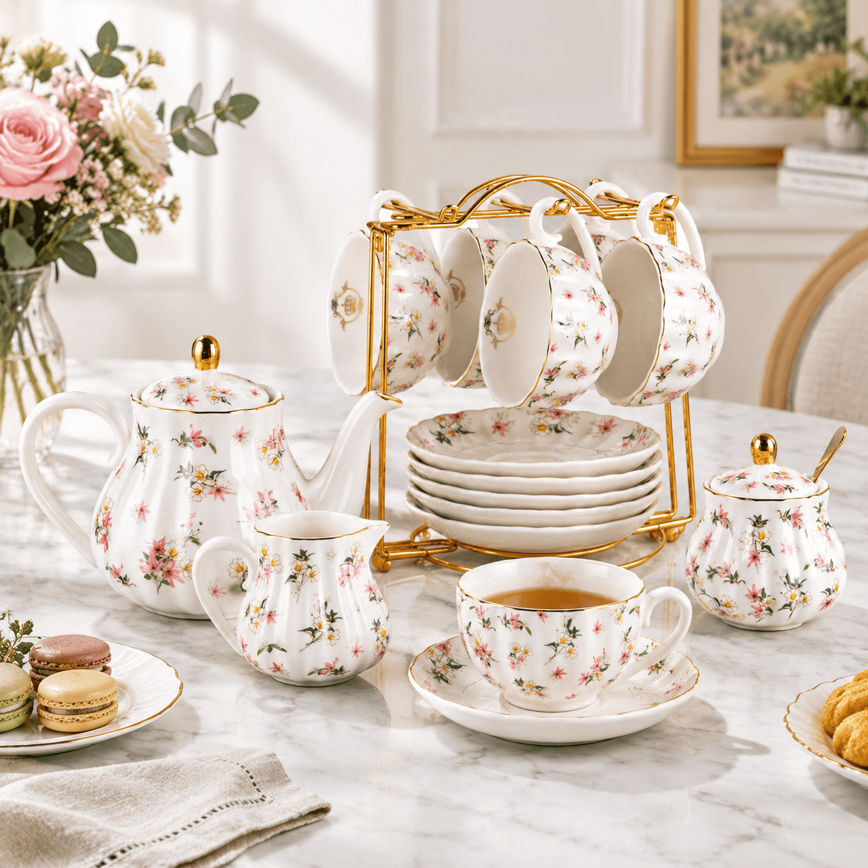 Manly Tea Set Porcelain Tea Set Service For 6 With Teapot, Cups, Sugar Bowl, And ...