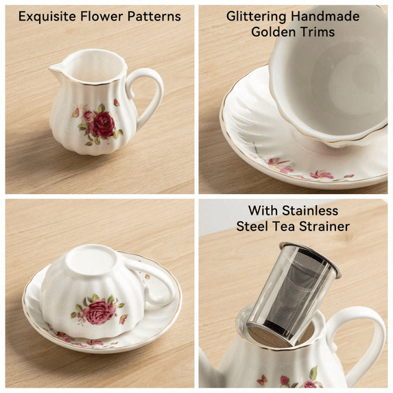 Porcelain Tea Sets, 8 OZ Cups& Saucer Service For 6, With Teapot Sugar Bowl Cream Pitcher Teaspoons And Tea Strainer For Tea/Coffee