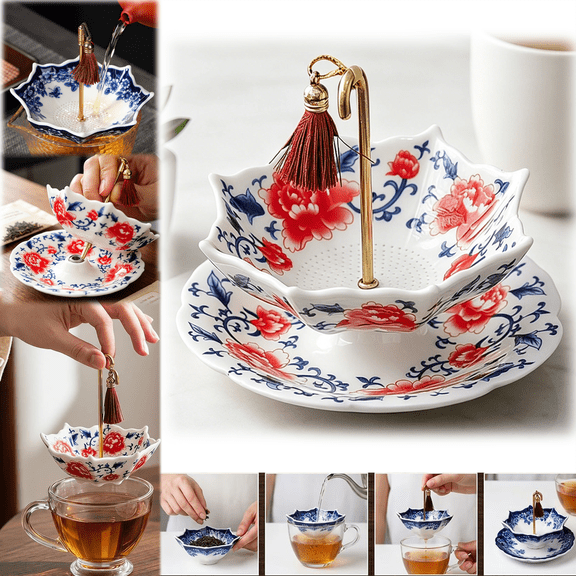 Porcelain Tea Strainer Set - Umbrella Tea Diffuser Set, Floral Printed Ceramic Tea Filter with Tassel & Drip Tray, Washable Heat Resistant Tea Making Tools, Ccwuwei