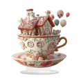 thumbnail image 1 of Porcelain Teacup and Saucer Set with 3D Cottage House Design and Floral Relief for Decorative Display or Collecting, 1 of 4