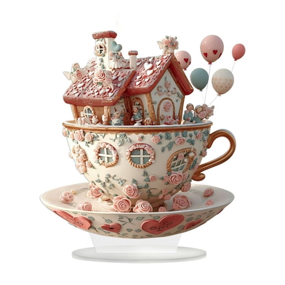 Porcelain Teacup and Saucer Set with 3D Cottage House Design and Floral Relief for Decorative Display or Collecting