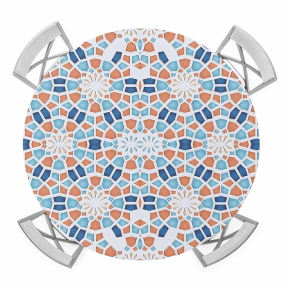 Porcelain Texture Elastic Fitted Round Table Cover Geometric Orange Blue Waterproof Outdoor Tablecloth for Holiday Party, Picnic, Patio & Dining Fits Tables Up to 36"-44"