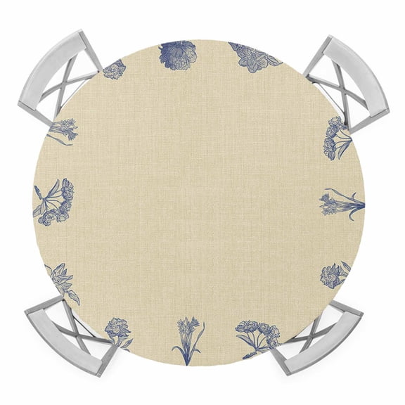 Porcelain Texture Side Elastic Fitted Round Table Cover Floral Plant Rustic Waterproof Outdoor Tablecloth for Holiday Party, Picnic, Patio & Dining Fits Tables Up to 36"-44"