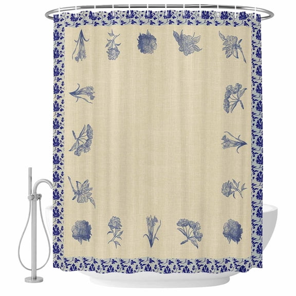 Porcelain Texture Side Fabric Shower Curtain Floral Plant Rustic Washable Shower Curtains for Bathroom, Waterproof Bath Curtain with Hooks Home Decor 36x72in