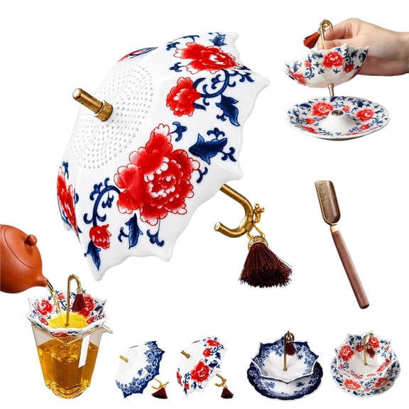 Porcelain Umbrella Tea Strainer, 2026 Upgraded Ceramic Tea Infuser Umbrella With Rotating Design, Hand Painted Blue And White Porcelain Tea Accessories For Loose Leaf Filter Office/Home Decor