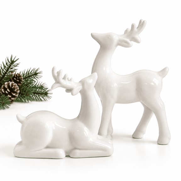 Porcelain White Mini Reindeer Figurine Set of 2 Tabletop Holiday Decor Statues