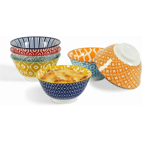 Porcelain blue and white 20-ounce cereal bowl set - a set of 6, 6-inch soup bowls, ceramic bowls for grains, soups, salads and pasta, in retro blue