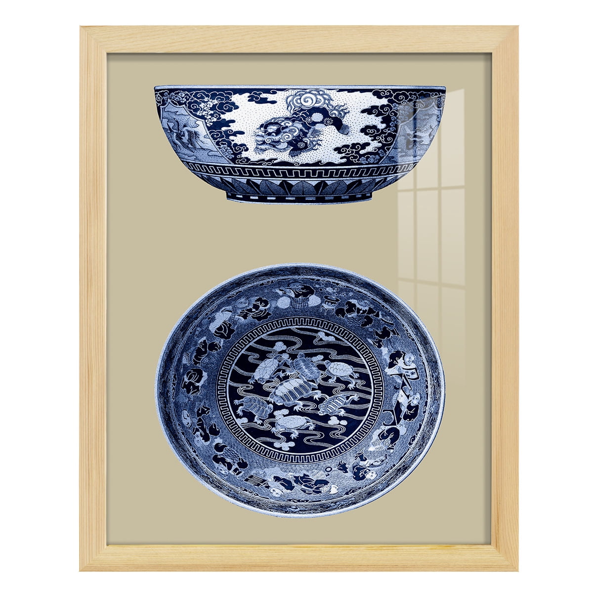 Porcelain in Blue and White I -Framed Print w/glass-Natural Wood
