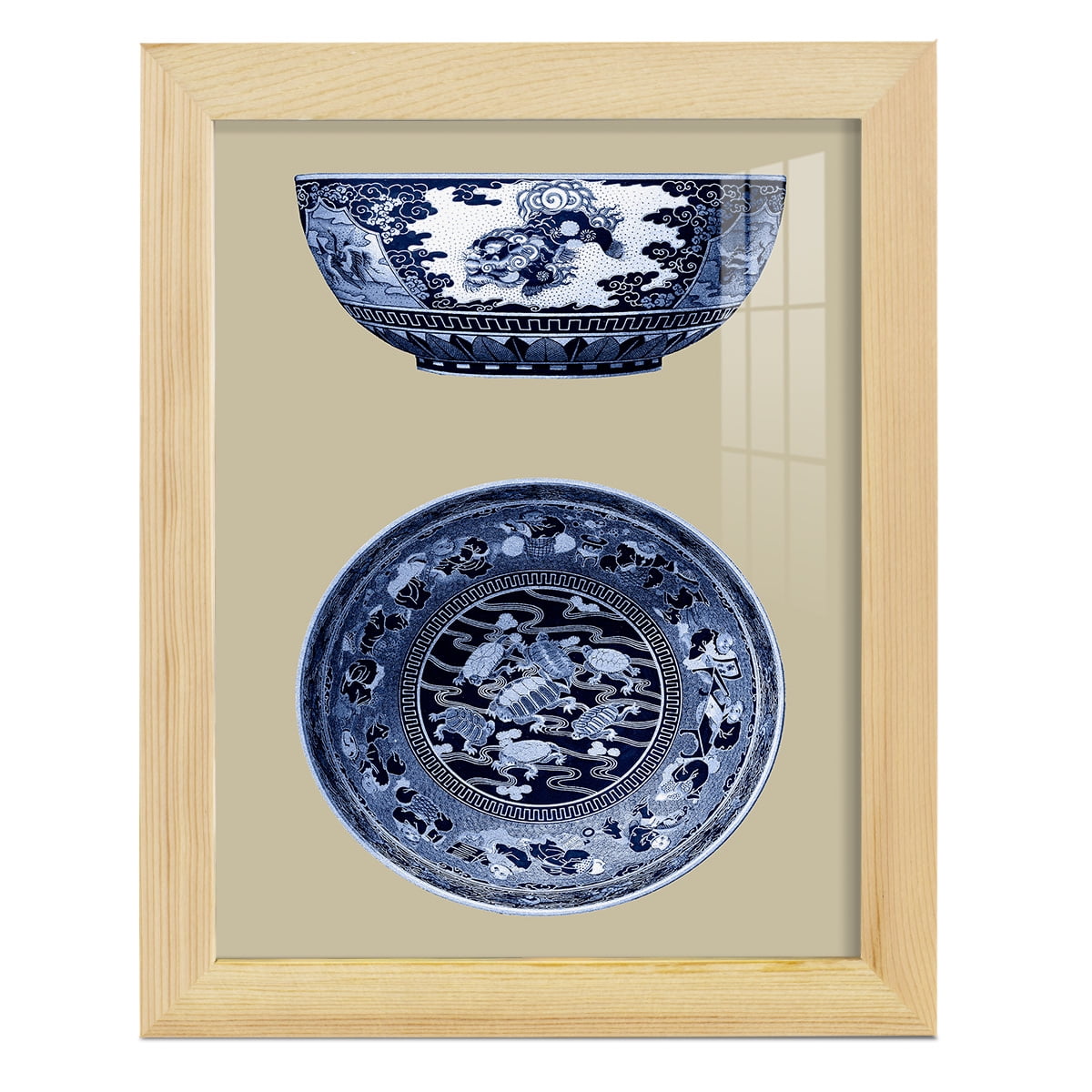 Porcelain in Blue and White I -Framed Print w/glass-Natural Wood
