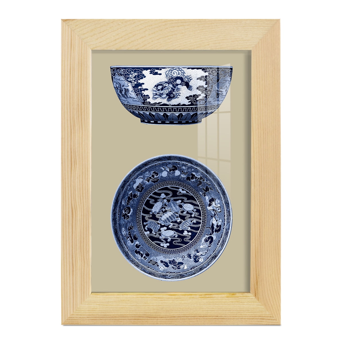 Porcelain in Blue and White I -Framed Print w/glass-Natural Wood