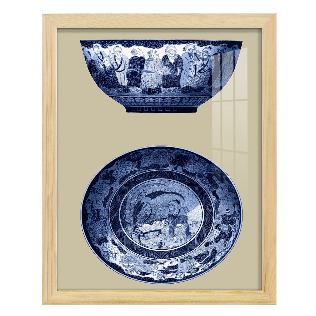 Porcelain in Blue and White II -Framed Print w/glass-Natural Wood
