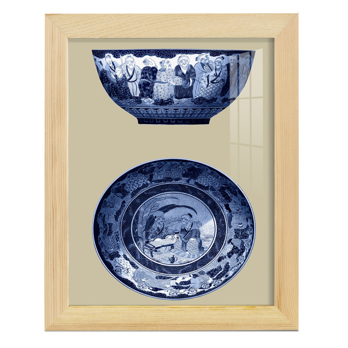 Porcelain in Blue and White II -Framed Print w/glass-Natural Wood