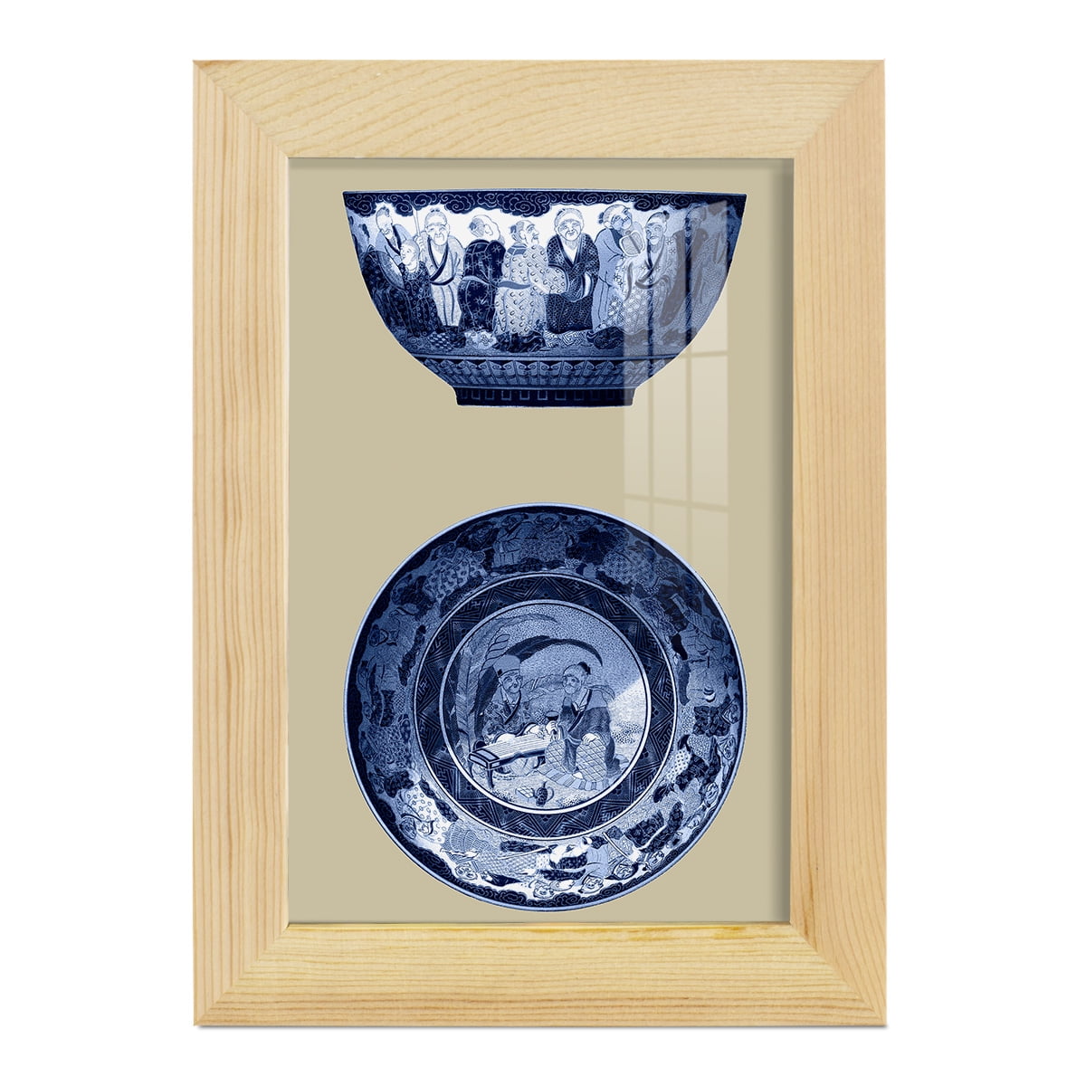 Porcelain in Blue and White II -Framed Print w/glass-Natural Wood