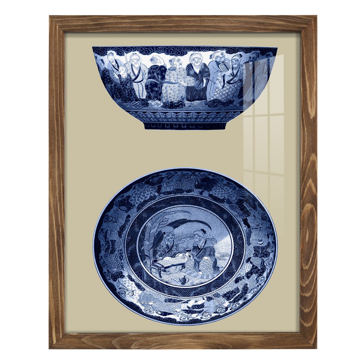 Porcelain in Blue and White II -Framed Print w/glass-Walnut