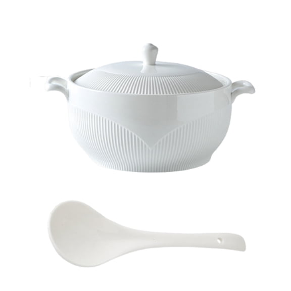 Porcelain soup tureen with lid and spoon, ceramic serving dish with double handles, casserole dish/serving bowl, microwave and dishwasher safe for soup, cereal, stew